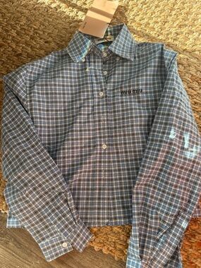 Miu Miu Blue Plaid Button-Up Shirt w/ Raw Hem